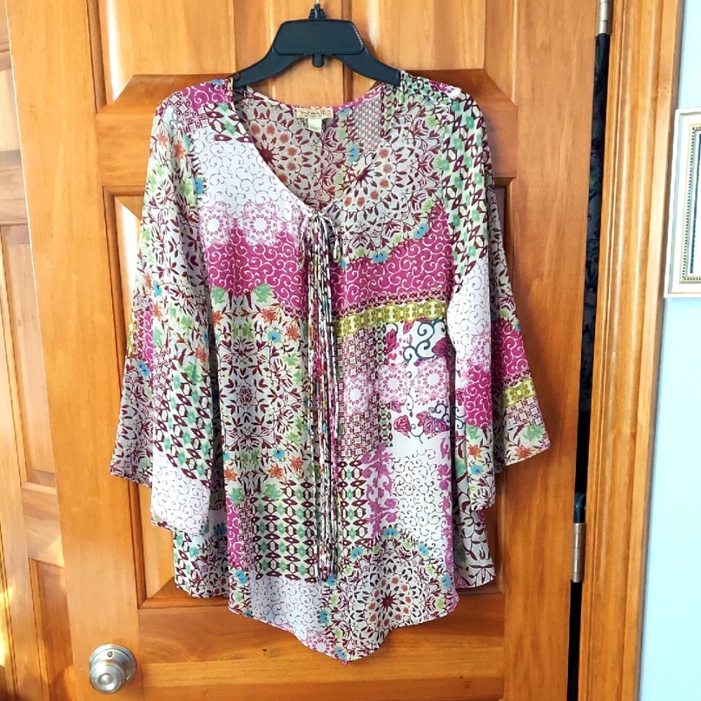 One World Women's Colorful Bohemian Floral Patchwork Blouse, Size 1X, Like New